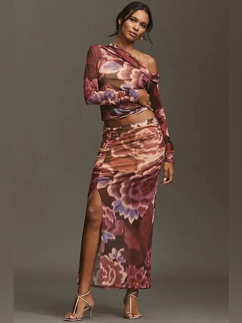 NWT Anthropologie Ruched Side-Slit Maxi Skirt In Pink XS